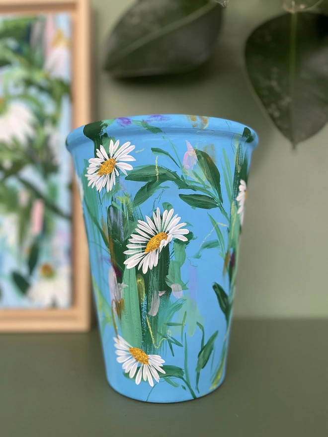 Blue Hand Painted Daisies Tall Vase