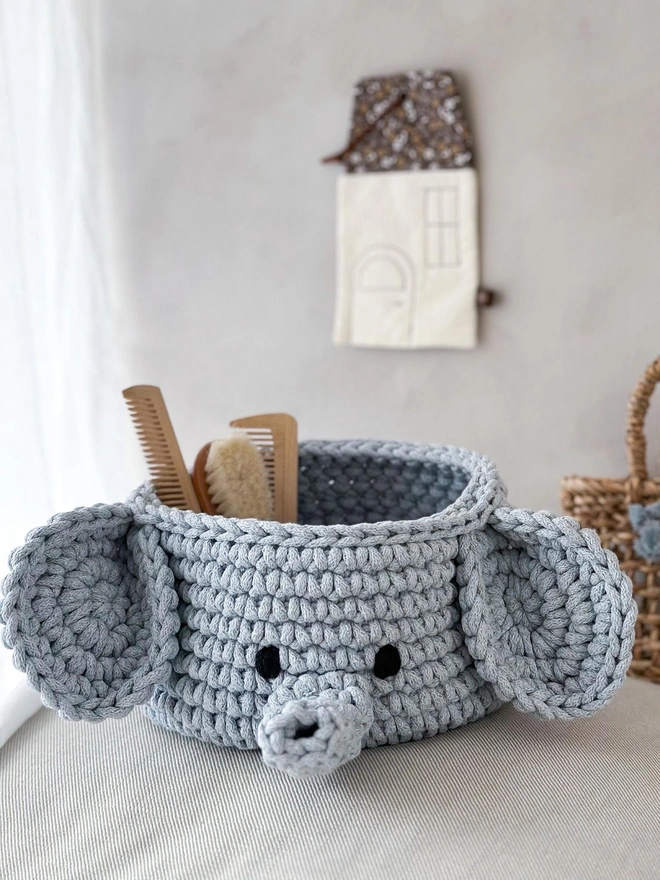 Elephant hand crocheted storage basket baby blue