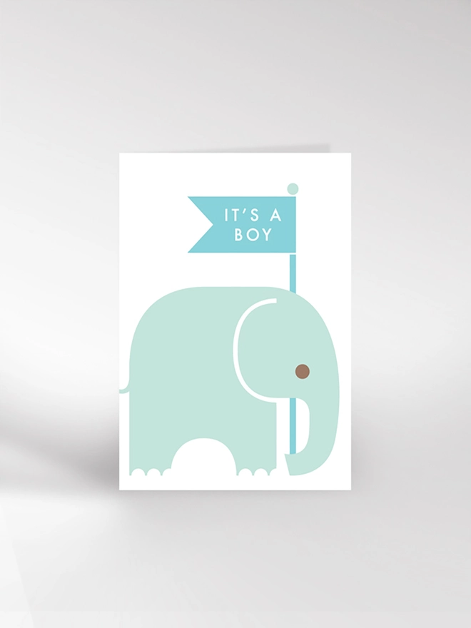 It's A Boy card with elephant carrying banner