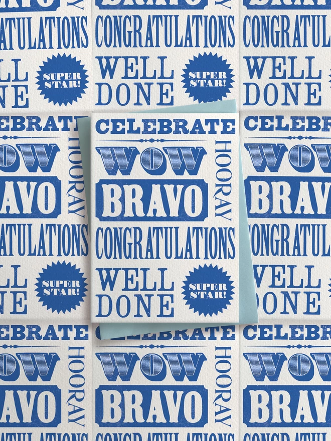 Greeting card designed by Flora Fricker in Bristol, UK. Typographical card perfect for saying congratulations. Vintage woodblock type. Celebrate, bravo, hooray, well done, superstar.