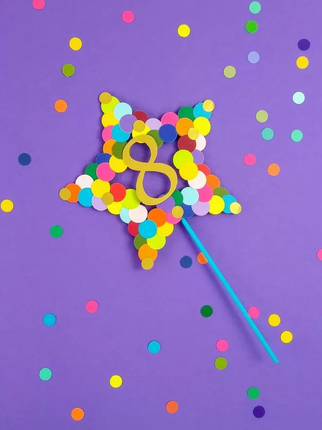 Rainbow coloured Custom Cake Topper with gold number 8 in centre of star