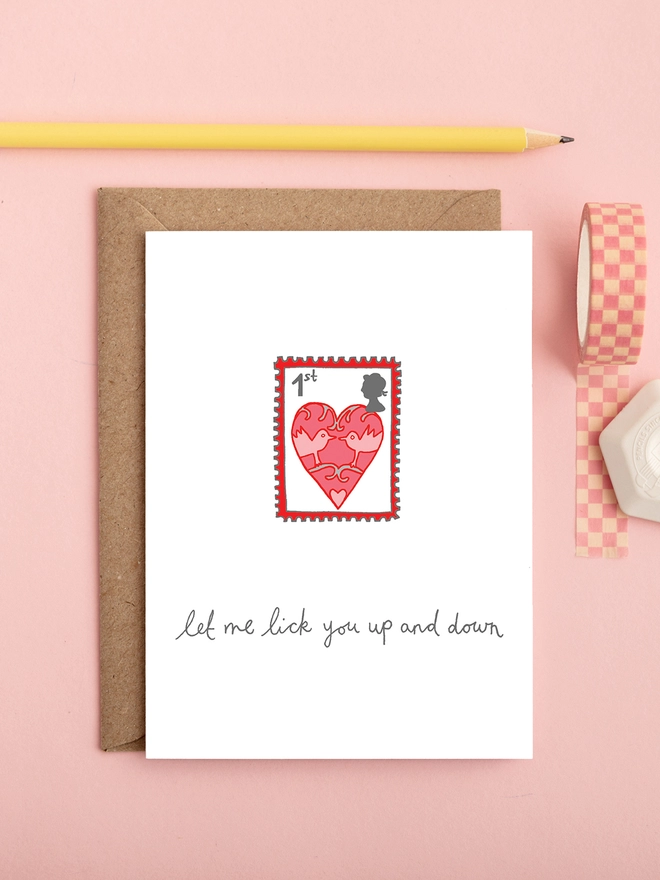 Funny and humorous love card featuring a stamp