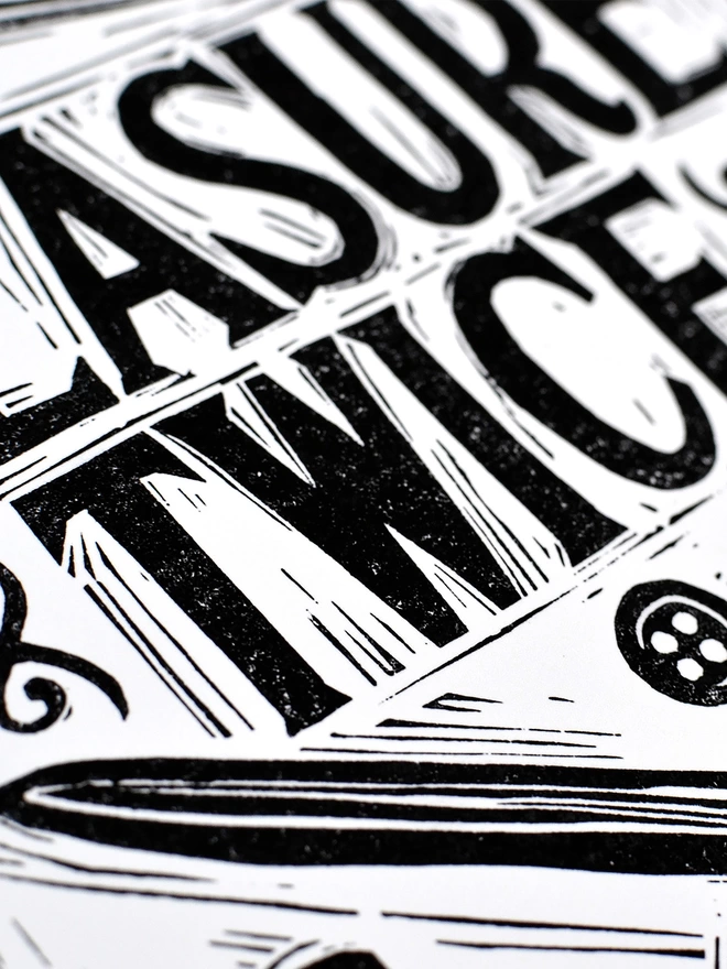 detail of lettering on black and white sewing print