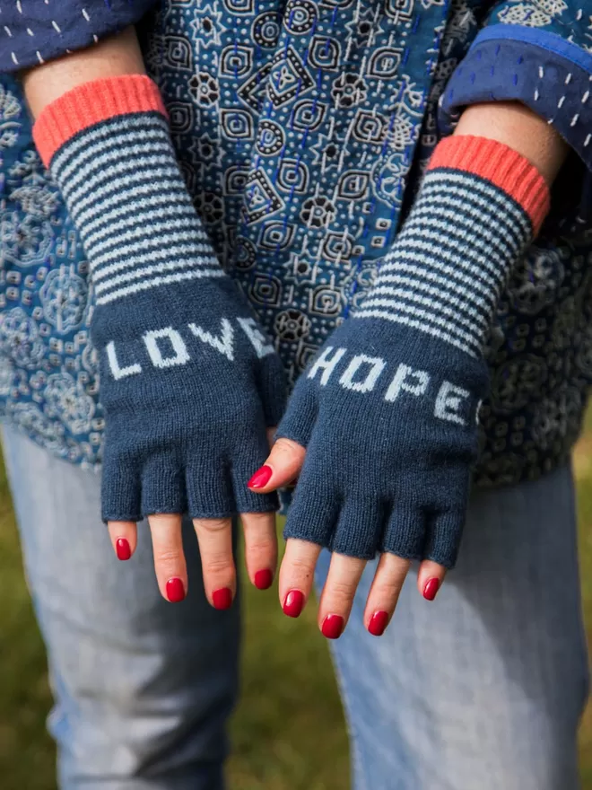 Fingerless Love Hope Gloves In Teal And Aqua 