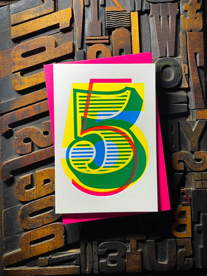 5th birthday anniversary milestone typographic letterpress card with deep impression print Very colour and vibrant. They show slight colour variations adding to the style and charm of this handmade greeting card.