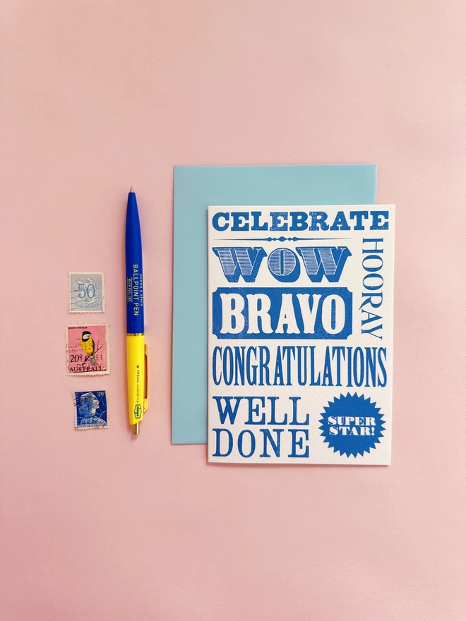 Greeting card designed by Flora Fricker in Bristol, UK. Typographical card perfect for saying congratulations. Vintage woodblock type. Celebrate, bravo, hooray, well done, superstar.