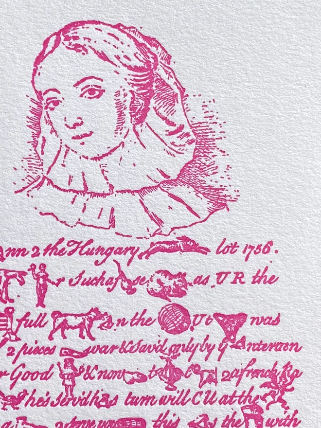 Close up of pink illustration of Nell Gwynn