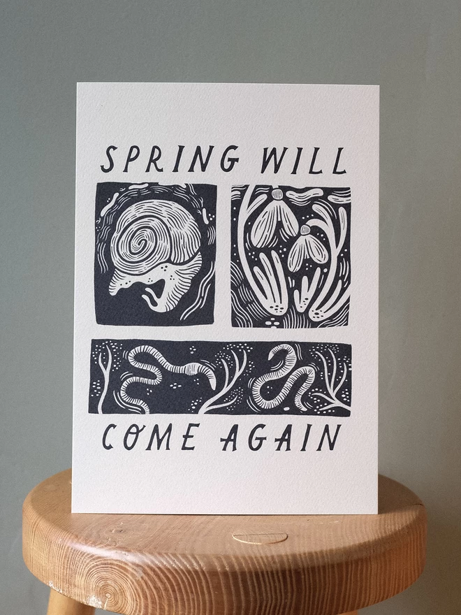 Seasonal springtime nature art print with snail, snowdrops and worms