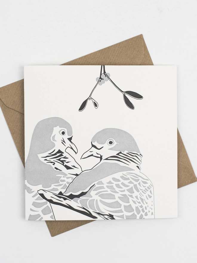 Full image of the front of the card with two silver turtle doves
