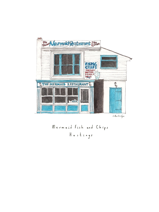 Watercolour illustration of Mermaid Fish and Chips a white and blue seaside fish and chip shop. 