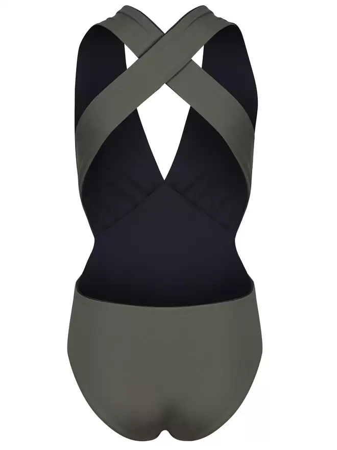 Back view of olive green Davy J Sustainable Waterwear cutout swimsuit with plunge neckline and wide cross back straps, on white background