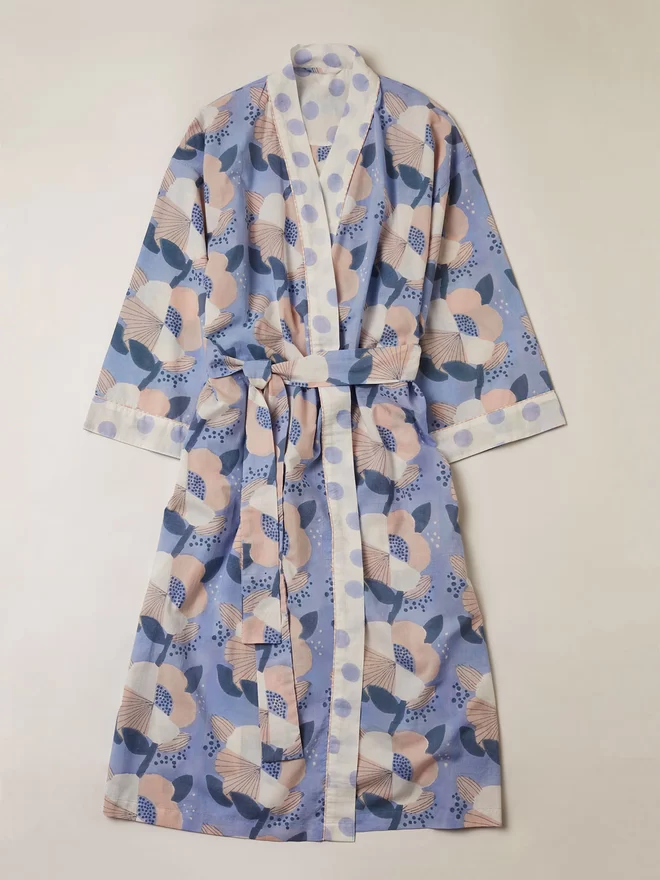 Front view of large scale blue floral block printed robe 