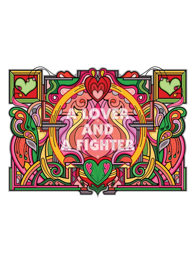 The words "A lover and a fighter" are faintly printed over this colourful design featuring green and red hearts and abstract swirl patterns.