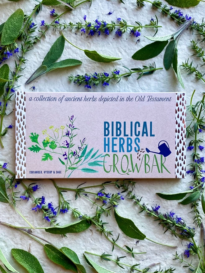 The Biblical Herbs Growbar on a bed of aromatic, ancient cleansing herbs. 