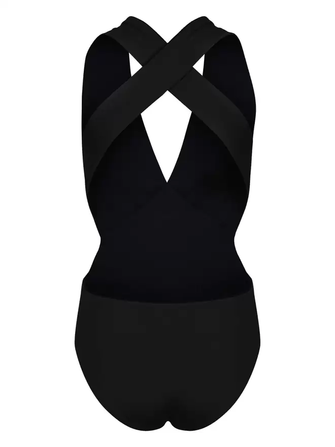Back view of black Davy J Sustainable Waterwear cutout swimsuit with plunging neckline and wide cross back straps, on white background