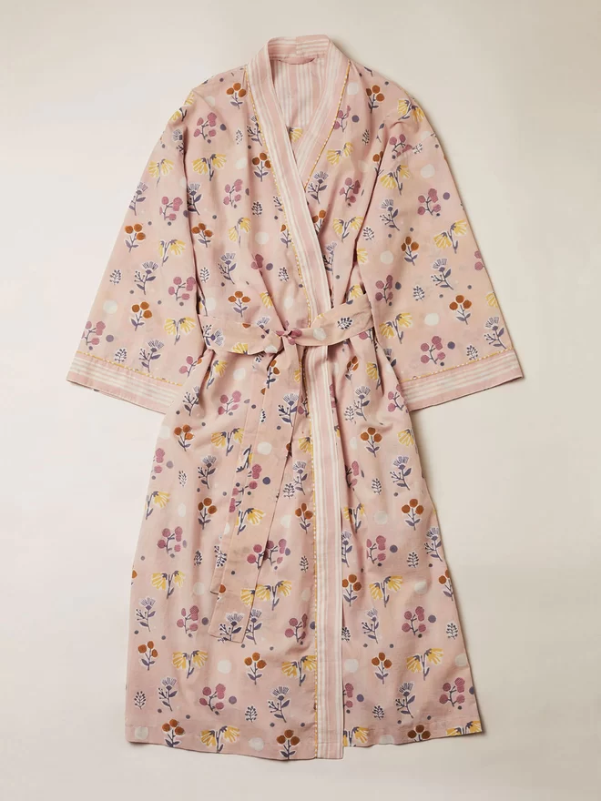 Dusty pink block printed floral robe with pink stripe border detail