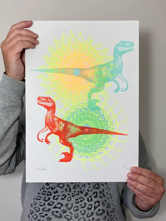 Psychedelic Raptor Rave - Screen Printed Dinosaur Poster - scale shot