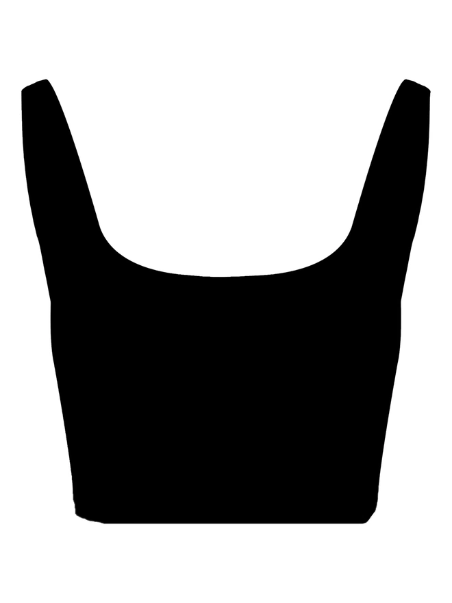 A flat lay front view image of a Davy J Sustainable Waterwear cropped black swim top with a squared neckline and shoulder straps