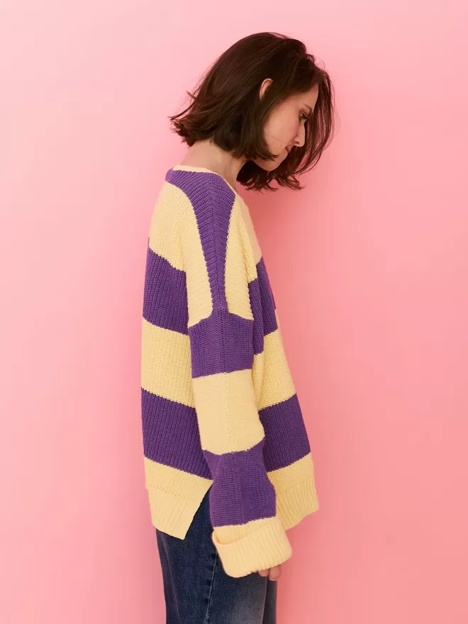 Rhiannon Recycled Cotton Mix Chunky Stripe Jumper - Purple - Side