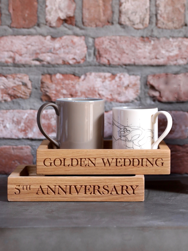 personalised oak tea tray, anniversary gift