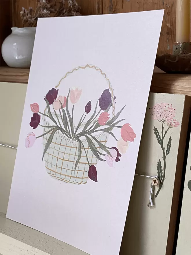 Basket of tulips a5 print.