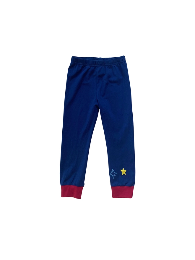 Navy pyjama bottoms with red cuffs with hand-embroidered stars