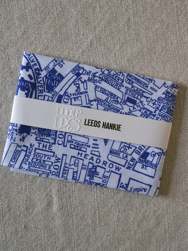 A folded Mr.PS Leeds map hankie printed in classic blue. 