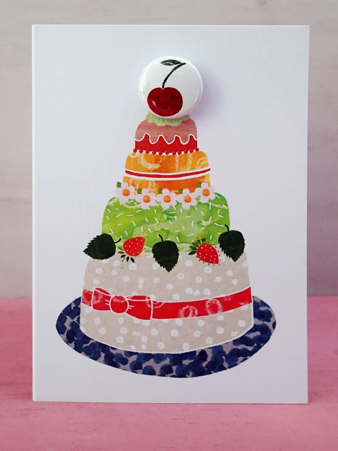 Cherry cake Birthday card with pin badge