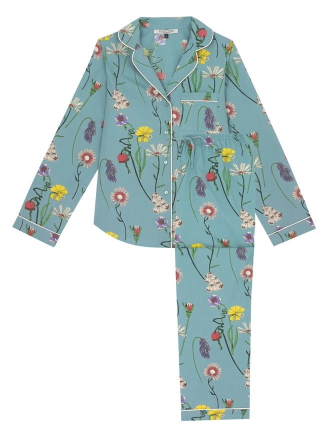 Flat shot of womens Cotton, full length, shirt and trousers Pjs, green base with floral hand drawn pattern