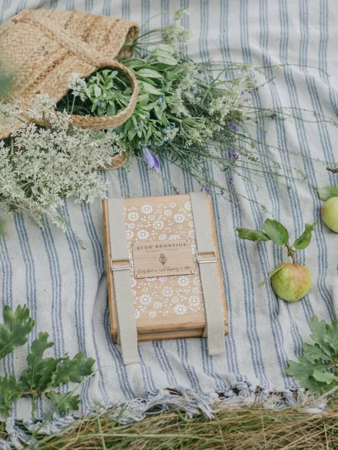 Wooden Flower Press with Straps - Delicate Daisy high angle of the flower press on a blue striped blanket with flowers arranged around the press