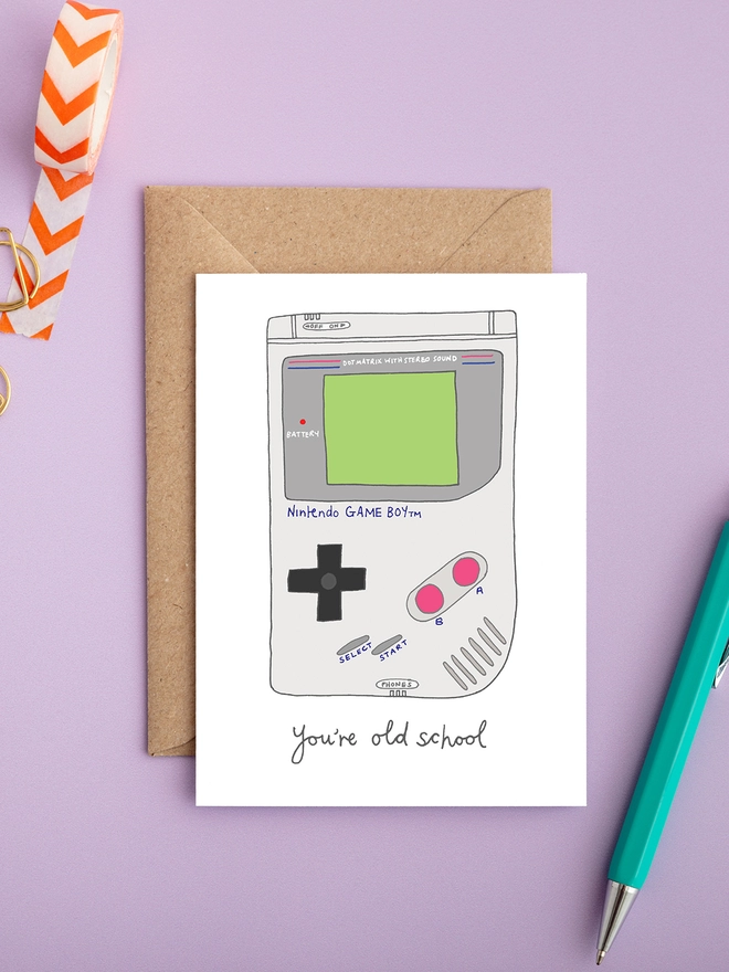 Humorous and funny gender neutral retro birthday card featuring a gameboy