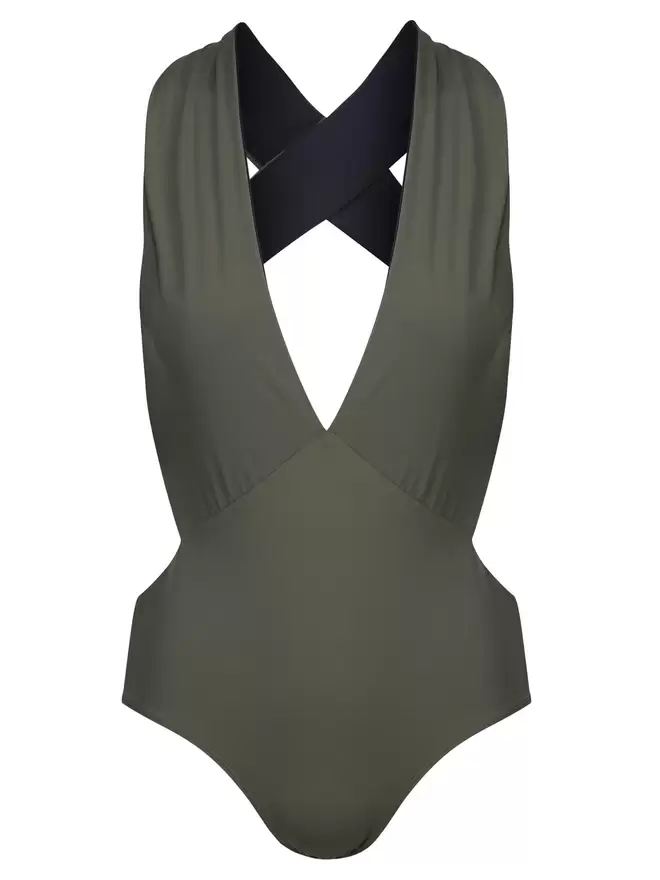 Front view of olive green Davy J Sustainable Waterwear cutout swimsuit with plunge neckline and wide cross back straps, on white background