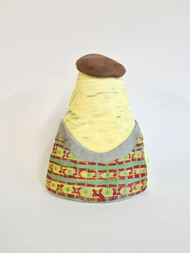 Charlotte Miller handmade ceramic Granville the Budgie seen from behind.