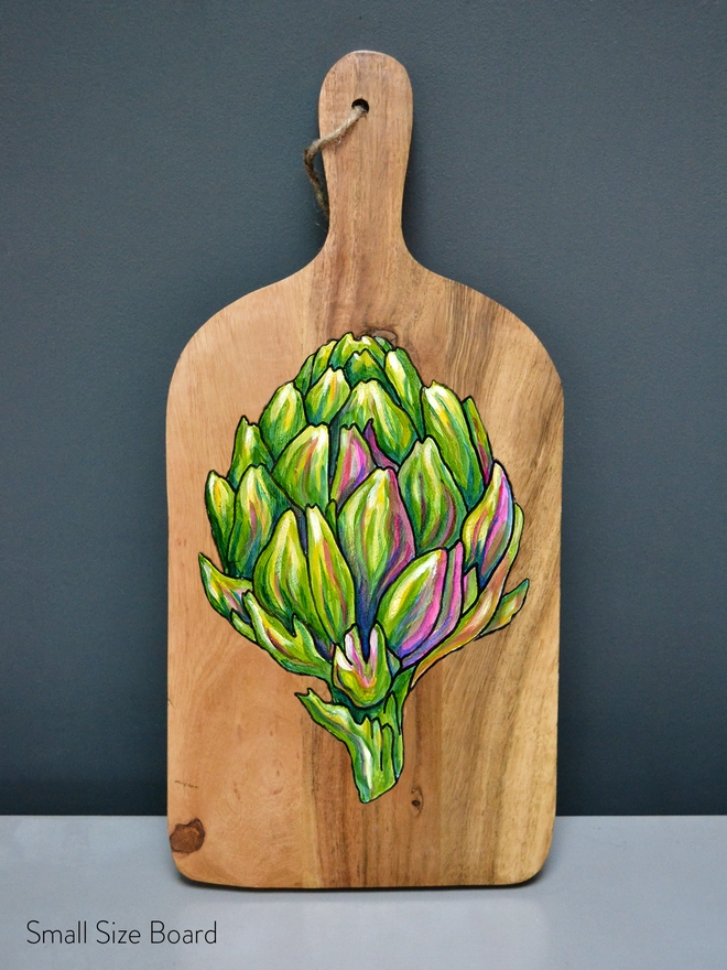Small size wood serving board with rtichoke handpainted design