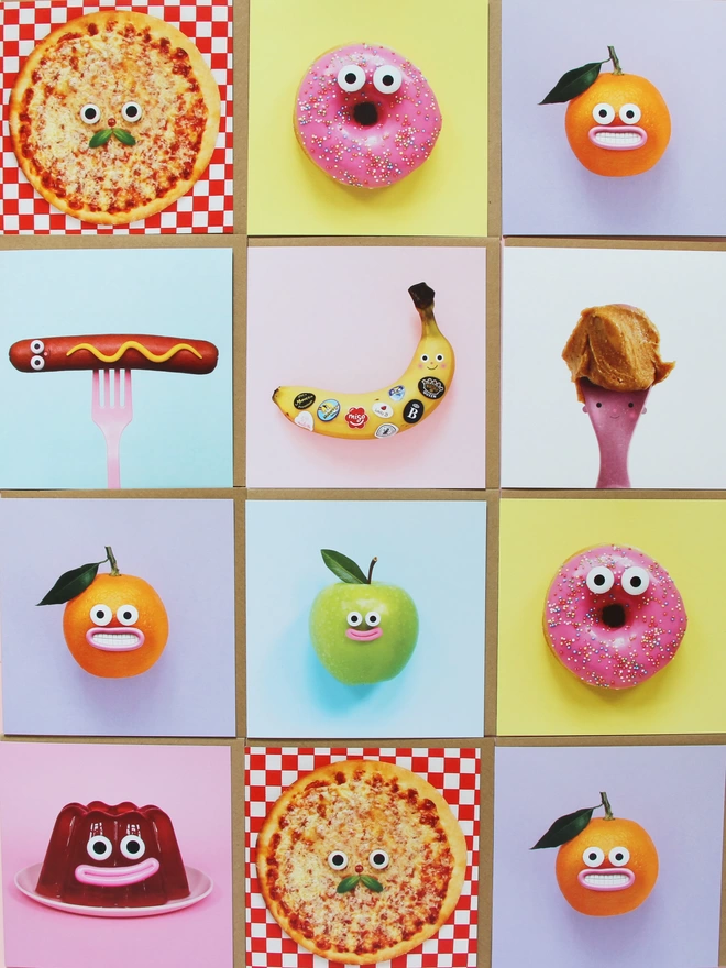 A selection of 12 colourful square cards. All foods with faces