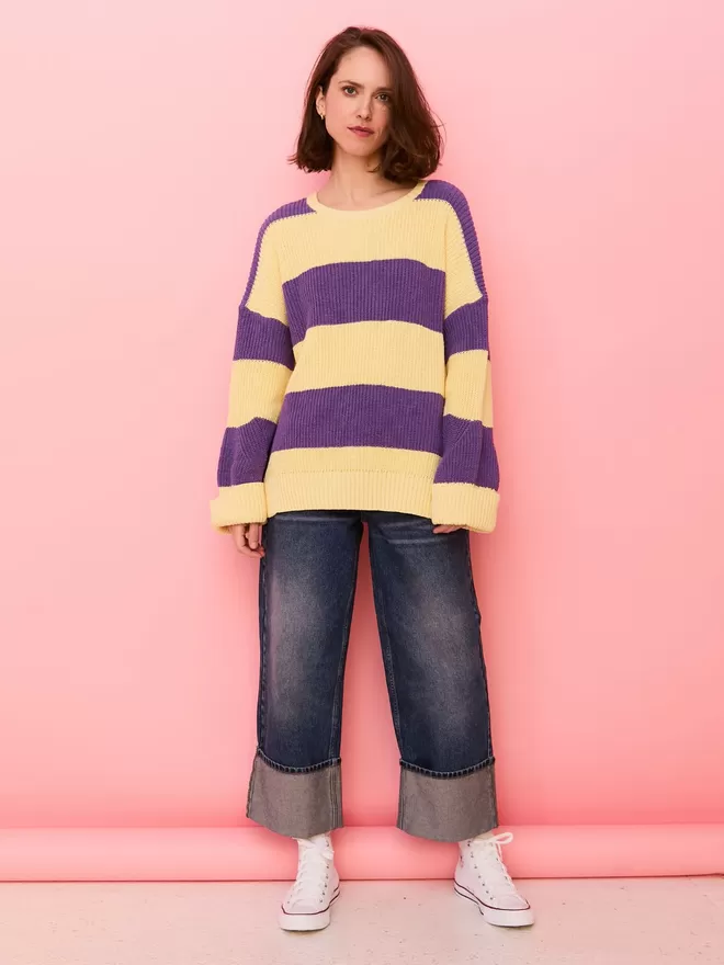 Rhiannon Recycled Cotton Mix Chunky Stripe Jumper - Purple - Full Length