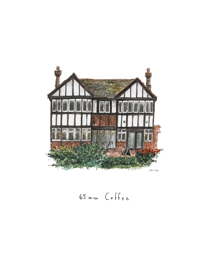 Beautiful watercolour illustration of 65mm Coffee, independent cafe and coffee shop in Tonbridge.  A characterful black and white tudor style two storey building with small diamond paned windows on the ground floor and brick below. There is dark green foliage and bushes infront of the building. The watercolour style is painted with a black pen outline and organic loose style with small details. The illustration sits on a white background.