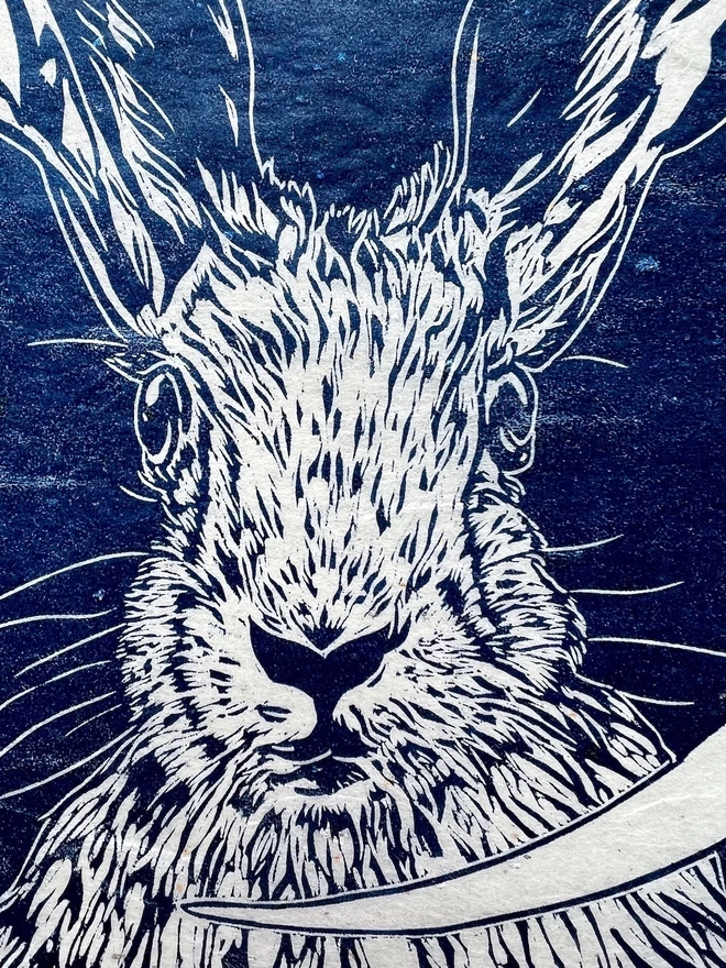 new moon hare linocut detail