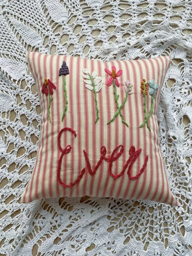 pink ticking stripe wild flowers, kids decor, embroidery 