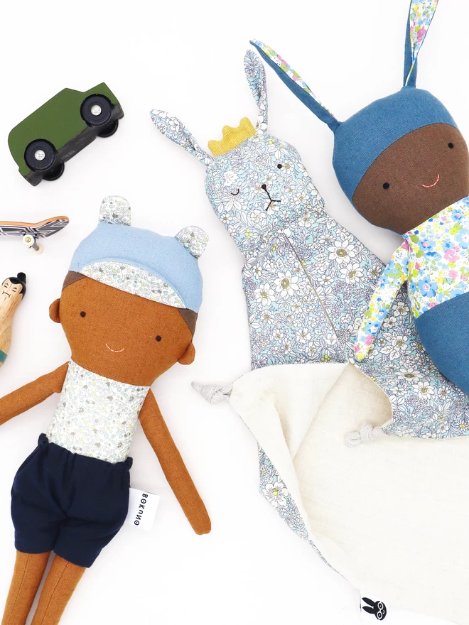 Brown skin boy doll and rabbit doll and bunny baby comforter 