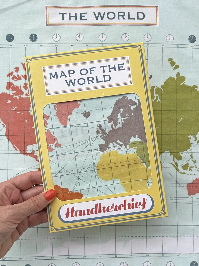 SHOWING MAP OF THE WORLD HANDKERCHIEF IN PACKAGING