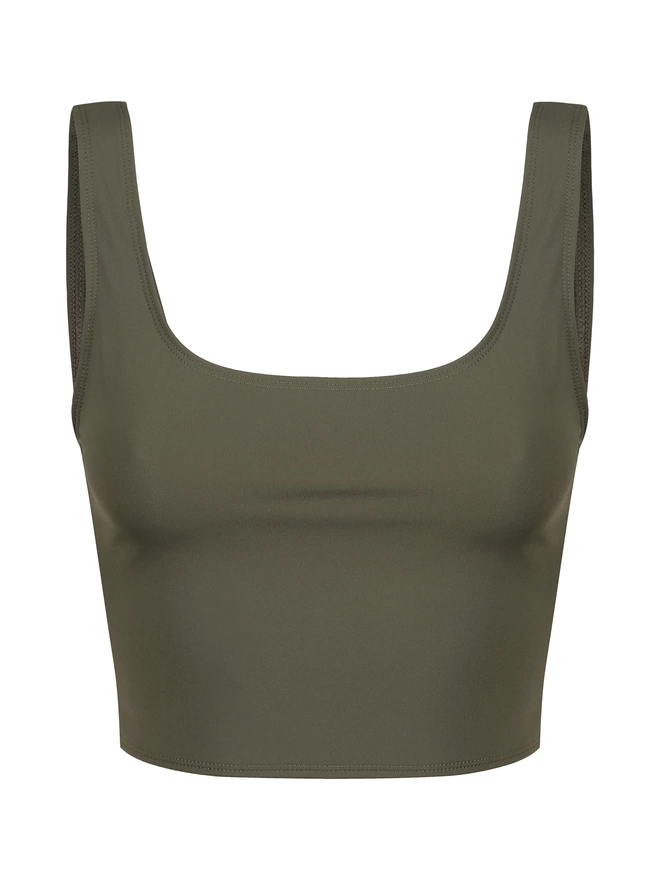 A flat lay front view image of a Davy J Sustainable Waterwear cropped olive green swim top with a squared neckline and shoulder straps