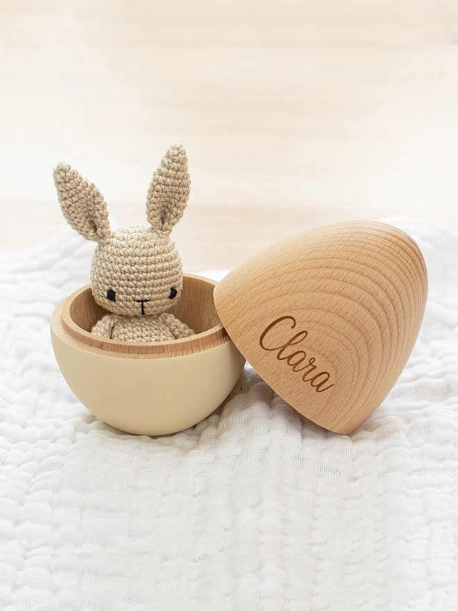 Hollow Wooden Egg engraved with the name Clara in sand