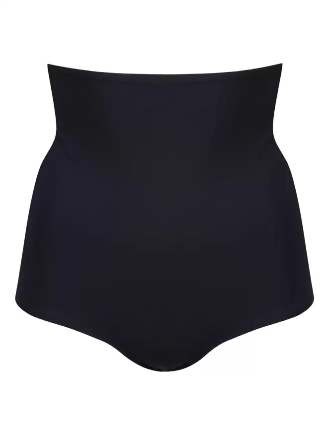 Front view of Davy J Sustainable Waterwear black high waist bikini briefs, on white background