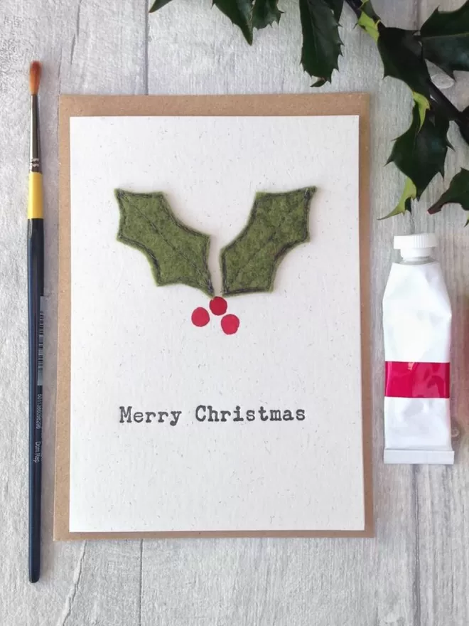 Embroidered Holly Letter Press Christmas Card