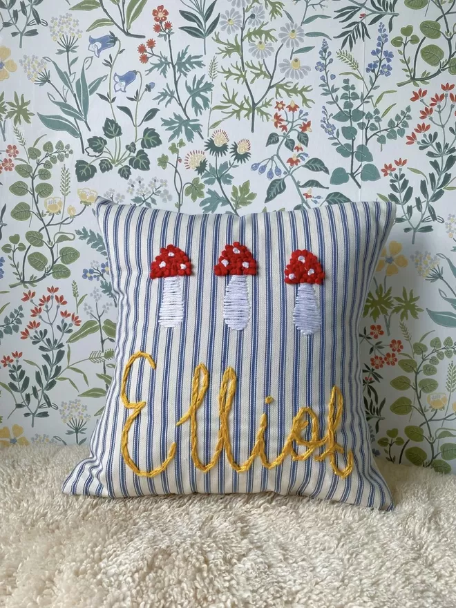 Blue ticking stripe toadstools, cushion, kids deco, embroidery 