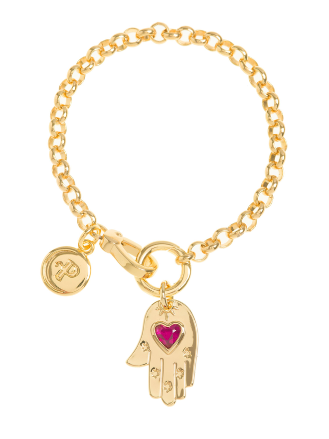 Gold belcher chain bracelet with gold hand of hamsa charm set with pink quartz heart at the centre