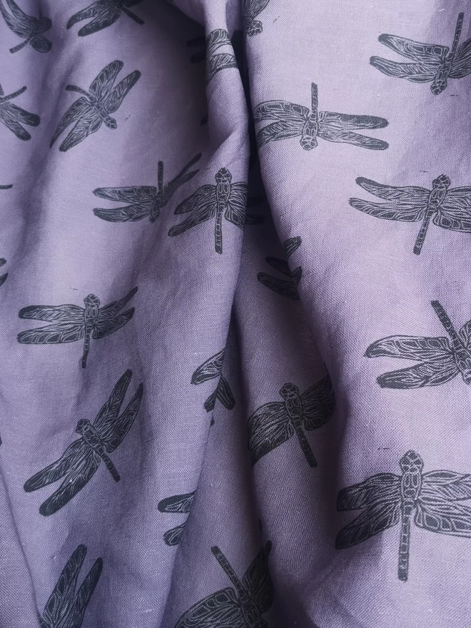 Lightweight Cotton Linen purple Fabric with a charcoal Dragonfly Print