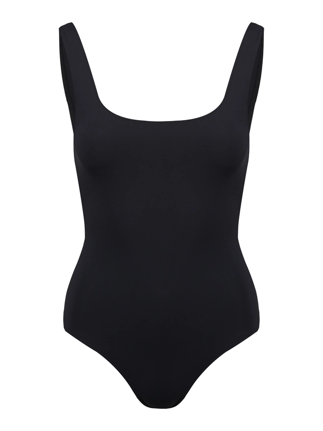 Front view of Davy J Sustainable Waterwear classic swimsuit with square neckline, on white background