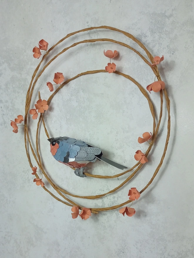side view of the floral wreath and bullfinch wall art.